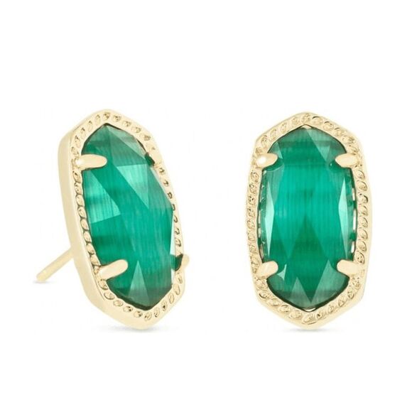 Kendra Scott NEW Ellie emerald green studs earrings gold trim - Picture 2 of 6